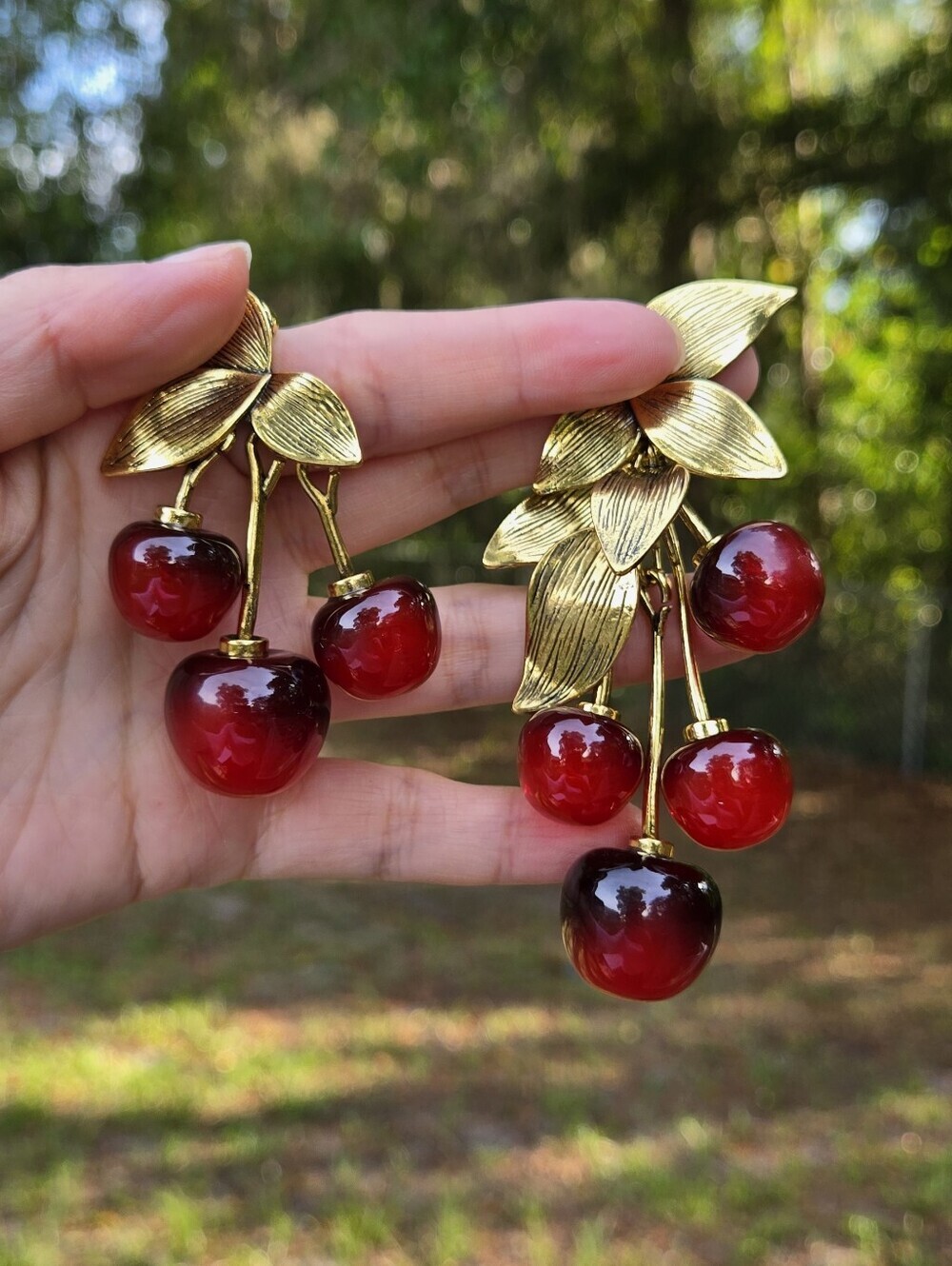 Runway Style Gold-Tone Cherry Drop Earrings with Red Glass Cherries